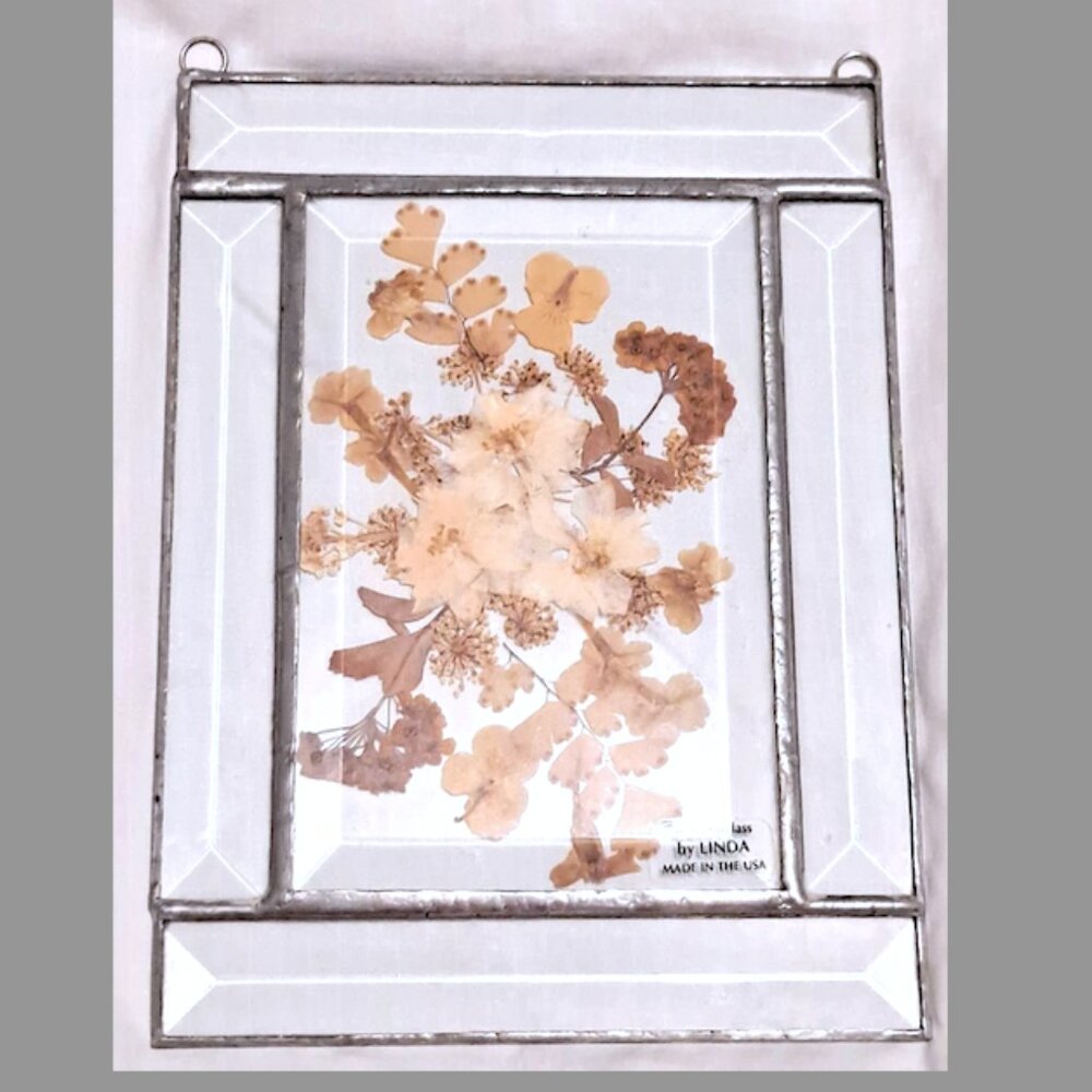 Pressed Dried Flower Art Floating Glass Pewter Frame Wall Window Hanging 8”x 6”